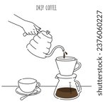 Barista making coffee, Close up hand hold kettle. Manual brew drip coffee and accessories. Barista at work, Pouring a hot coffee, Modern hand drawn style vector line illustrations.