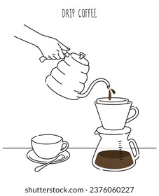 Barista haciendo café, Cierre el hervidor de agua. Café y accesorios para goteo manual de brea. Barista en el trabajo, Dando un café caliente, Ilustraciones modernas de líneas vectoriales de estilo manual.