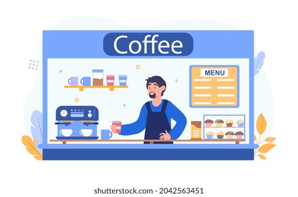 Barista making coffee concept. Man standing in booth next to coffee machine and sweets. Employee at workplace serves customers. Cartoon modern flat vector illustration isolated on white background