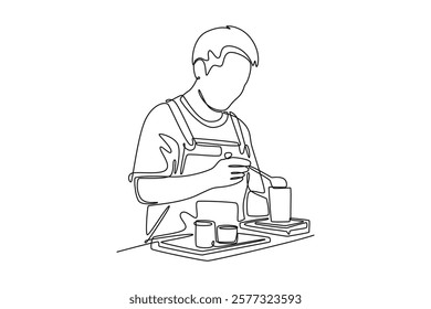 Barista making coffee concept. Single line draw design vector graphic illustration.