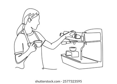 Barista making coffee concept. Single line draw design vector graphic illustration.