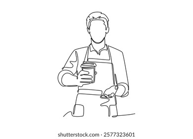 Barista making coffee concept. Single line draw design vector graphic illustration.