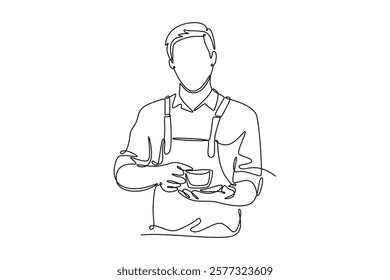 Barista making coffee concept. Single line draw design vector graphic illustration.