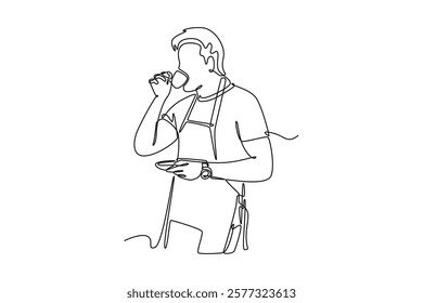 Barista making coffee concept. Single line draw design vector graphic illustration.