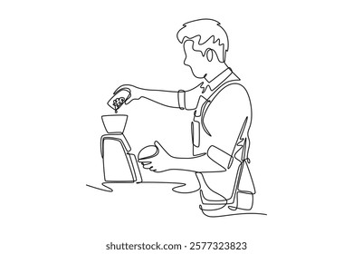 Barista making coffee concept. Single line draw design vector graphic illustration.