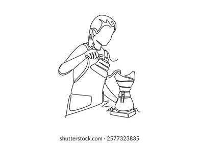 Barista making coffee concept. Single line draw design vector graphic illustration.