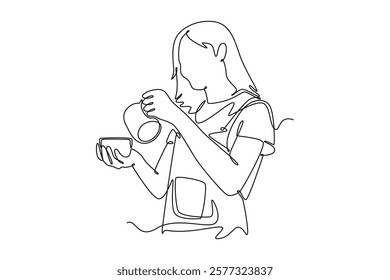 Barista making coffee concept. Single line draw design vector graphic illustration.