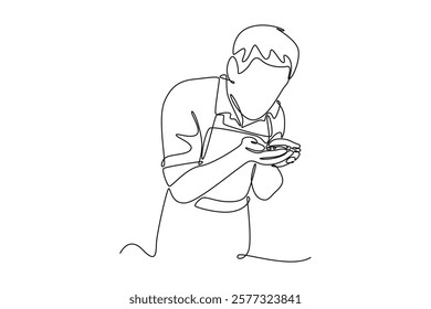 Barista making coffee concept. Single line draw design vector graphic illustration.