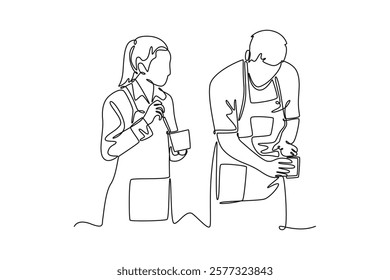 Barista making coffee concept. Single line draw design vector graphic illustration.