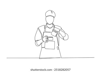 Barista making coffee continuous one line drawing. Barista preparing cofffee in single line art illustration. Editable vector.  