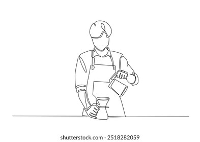 Barista making coffee continuous one line drawing. Barista preparing cofffee in single line art illustration. Editable vector.  