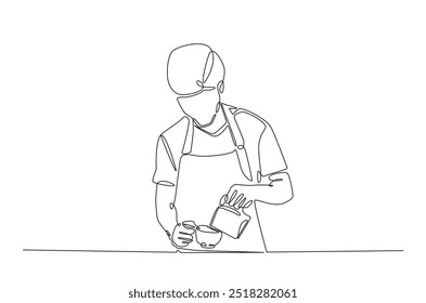 Barista making coffee continuous one line drawing. Barista preparing cofffee in single line art illustration. Editable vector.  