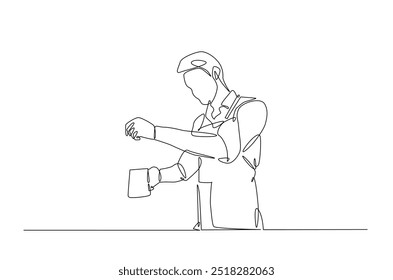 Barista making coffee continuous one line drawing. Barista preparing cofffee in single line art illustration. Editable vector.  