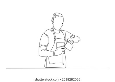 Barista making coffee continuous one line drawing. Barista preparing cofffee in single line art illustration. Editable vector.  