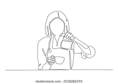 Barista making coffee continuous one line drawing. Barista preparing cofffee in single line art illustration. Editable vector.  