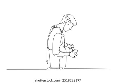 Barista making coffee continuous one line drawing. Barista preparing cofffee in single line art illustration. Editable vector.  