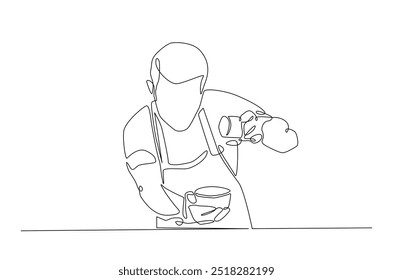 Barista making coffee continuous one line drawing. Barista preparing cofffee in single line art illustration. Editable vector.  