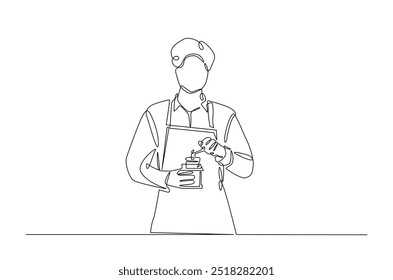 Barista making coffee continuous one line drawing. Barista preparing cofffee in single line art illustration. Editable vector.  