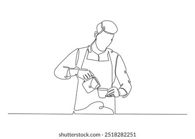 Barista making coffee continuous one line drawing. Barista preparing cofffee in single line art illustration. Editable vector.  