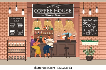 Barista making coffee for couple. Man and woman enjoying tasty beverage in cafe talking and chatting. male and female friends in restaurant on weekends. Interior of coffeehouse with decor vector