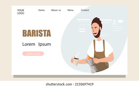 A barista making coffee. Design of a web page and a landing page for the development of websites and mobile sites. The barista prepares a coffee drink.