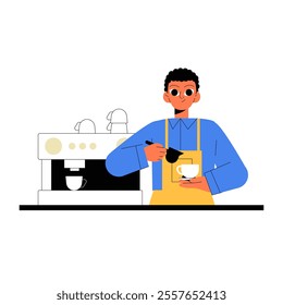 Barista Making Coffee With Espresso Machine In Flat Vector Illustration Symbolizing Cafe Culture, Coffee Brewing, And Professionalism, Isolated On White Background.