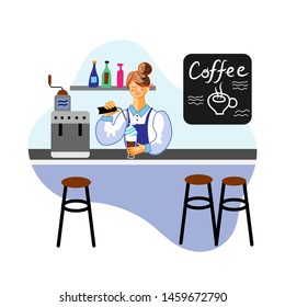 Barista making coffee flat vector illustration. Young cheerful woman in apron standing behind counter character. Smiling cafeteria employee holding cup. Catering service, beverage sale business