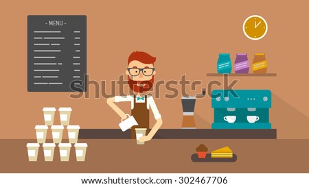 Barista making a coffee to go at the counter of a coffee shop. Flat illustration. Vector stock.