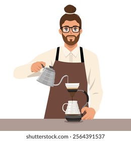 Barista making coffee, manual brew drip coffee and accessories. Flat vector character illustration