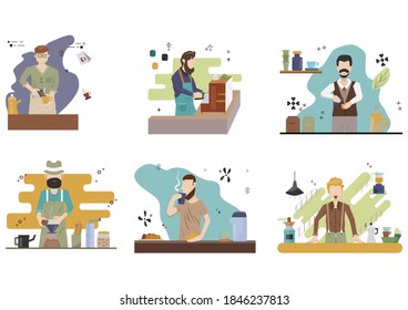 Barista making coffee. People Roasted coffee dripping hot into the cup tools brewing drip grinding coffee beans with manual stainless steel is drawn illustrations. Flat vector 