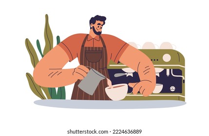 Barista making coffee, pouring milk into cup. Professional in apron preparing cappuccino, latte in cafe. Work in cafeteria, coffeehouse. Flat graphic vector illustration isolated on white background