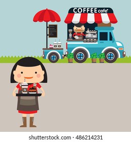 Barista making a coffee. Street food van. Coffee van Flat design vector illustration. Female holding cups of coffee for delivery. Hot drinks on wheels. Cafe car. Food bus. Van cafe delivery.