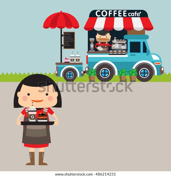 Barista making a coffee. Street food van.\
Coffee van Flat design vector illustration. Female holding cups of\
coffee for delivery. Hot drinks on wheels. Cafe car. Food bus. Van\
cafe delivery.