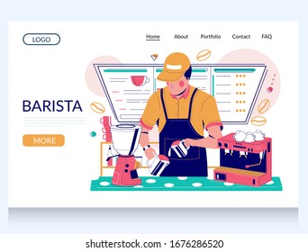 Barista making coffee vector website template, web page and landing page design for website and mobile site development. Bartender preparing coffee drink standing ar bar counter.