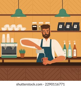 Barista haciendo taza de café con café latte, ilustración vectorial. Cafetería interior con cafetera, tazas, granos de café