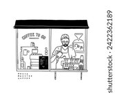 Barista making drip coffee Small shop cafe window front City People lifestyle Hand drawn line art Illustration