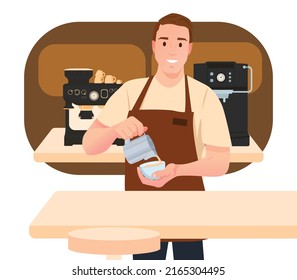 Barista making espresso at coffee station. Coffee shop concept. Coffee machines.