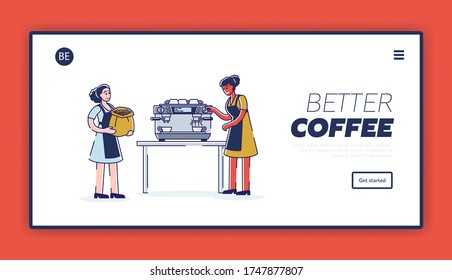 Barista making fresh coffee background for landing page template of coffee shop or bar website. Small business coffeehouse and production concept. Linear vector illustration