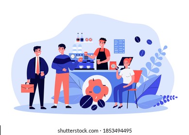 Barista making and giving takeaway coffee to customers. Counter, coffee making machine, beans flat vector illustration. Morning, coffee shop concept for banner, website design or landing web page