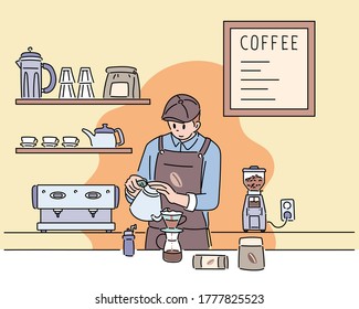 A barista is making hand drip coffee. Cafe bar background. hand drawn style vector design illustrations. 