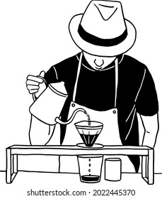 Barista making Hand drip coffee Slow bar Cafe Coffee shop Hand drawn line art illustration vector