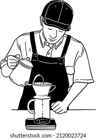 Barista making Hand drip coffee Slow bar Cafe Coffee shop Hand drawn line art illustration