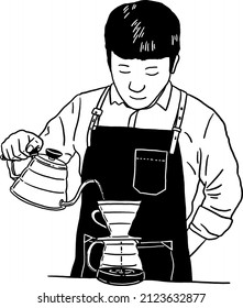Barista haciendo café con goteo manual Café Café Cafe Línea trazada ilustración de arte 