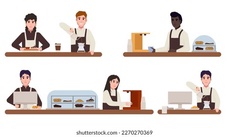 Barista está haciendo café con gotero. Barista en delantal haciendo café, capuchino, vertiendo leche al café. Cola de café, caricatura masculina y femenina de la mañana