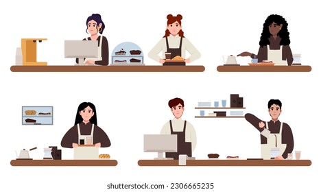 Barista is making hand drip coffee. Barista in apron making Coffee, cappuccino, pouring milk to coffee. Coffee queue, cartoon male an female morning crowd