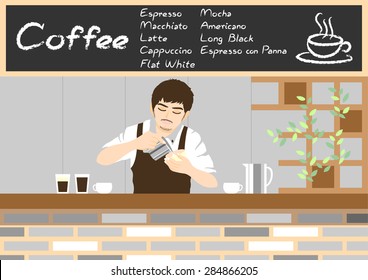 A barista is making hot coffee in lovely coffee shop. vector illustration design, restaurant, food and beverage