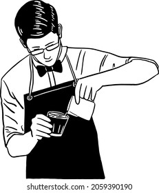 Barista making Latte art Coffee shop Cafe People Hand drawn line art illustration vector