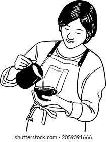 Barista Making Latte Art Coffee Shop Cafe People Hand Drawn Line Art Illustration Vector