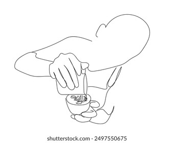 Barista haciendo arte de café con leche en una sola Ilustración vectorial de contorno. Dibujo continuo de una línea de barista vertiendo leche al café, preparando la bebida. Trazo editable.