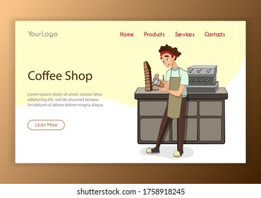 Barista making latte at cafe or coffeeshop. Male character signing a cup. Vector illustration